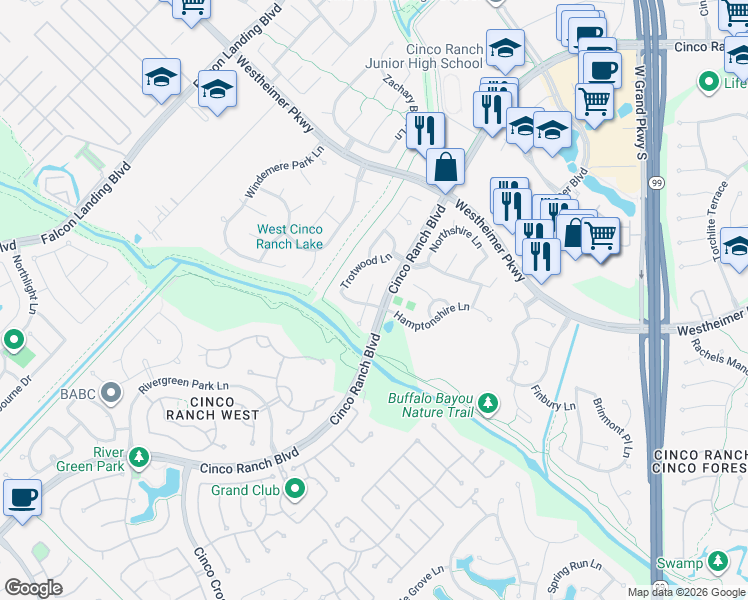 map of restaurants, bars, coffee shops, grocery stores, and more near 3226 Twinmont Lane in Katy