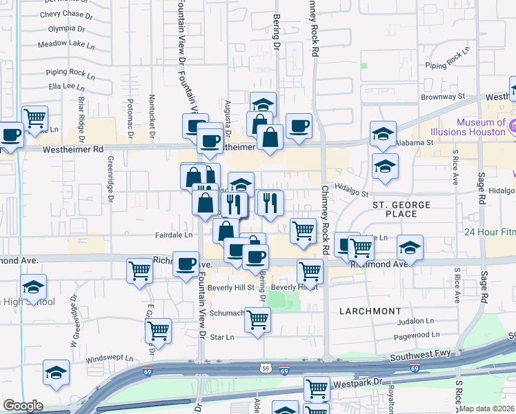 map of restaurants, bars, coffee shops, grocery stores, and more near 5806 Dolores Street in Houston