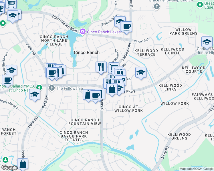 map of restaurants, bars, coffee shops, grocery stores, and more near 22150 Westheimer Parkway in Katy