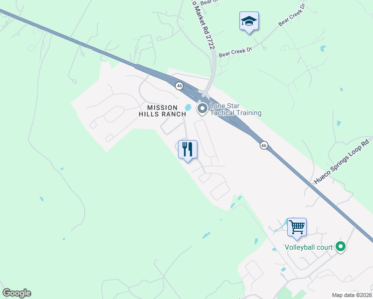 map of restaurants, bars, coffee shops, grocery stores, and more near 747 Walzem Mission Road in New Braunfels