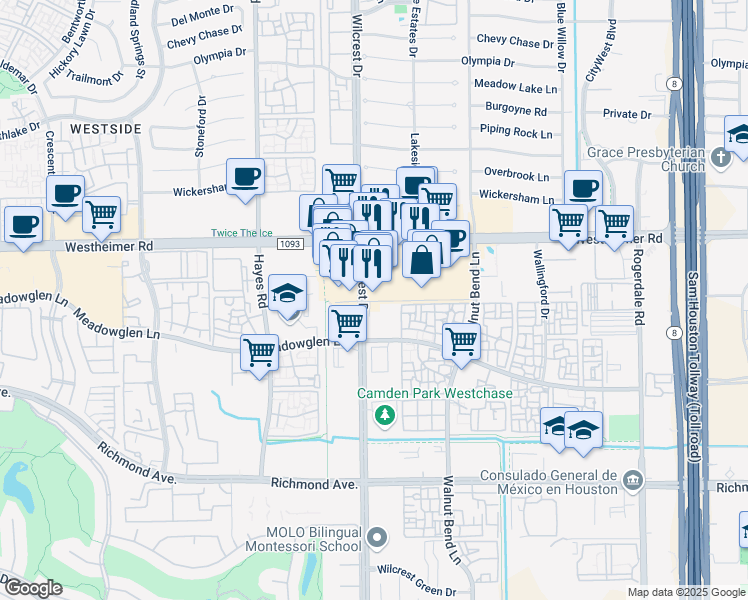 map of restaurants, bars, coffee shops, grocery stores, and more near 2691-B Wilcrest Drive in Houston