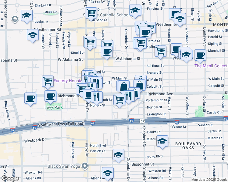 map of restaurants, bars, coffee shops, grocery stores, and more near 2242 Richmond Avenue in Houston