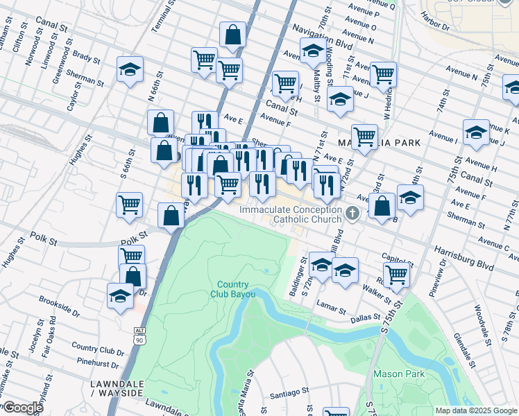 map of restaurants, bars, coffee shops, grocery stores, and more near 211 South 70th Street in Houston