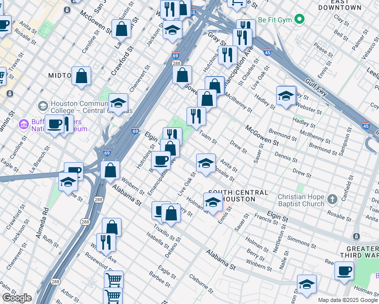 map of restaurants, bars, coffee shops, grocery stores, and more near 3108 Saint Charles Street in Houston
