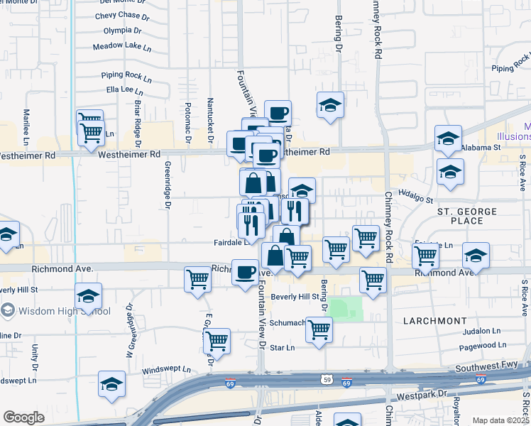 map of restaurants, bars, coffee shops, grocery stores, and more near 2929 Fountain View Drive in Houston