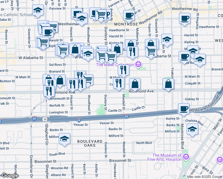 map of restaurants, bars, coffee shops, grocery stores, and more near 1650 Richmond Avenue in Houston
