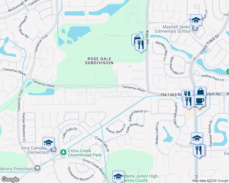 map of restaurants, bars, coffee shops, grocery stores, and more near Dewberry Lane in Katy