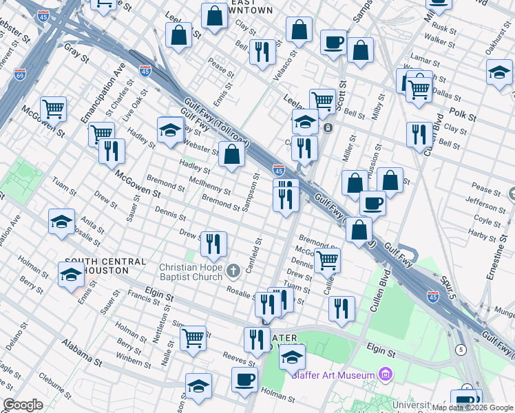 map of restaurants, bars, coffee shops, grocery stores, and more near 3414 McIlhenny Street in Houston