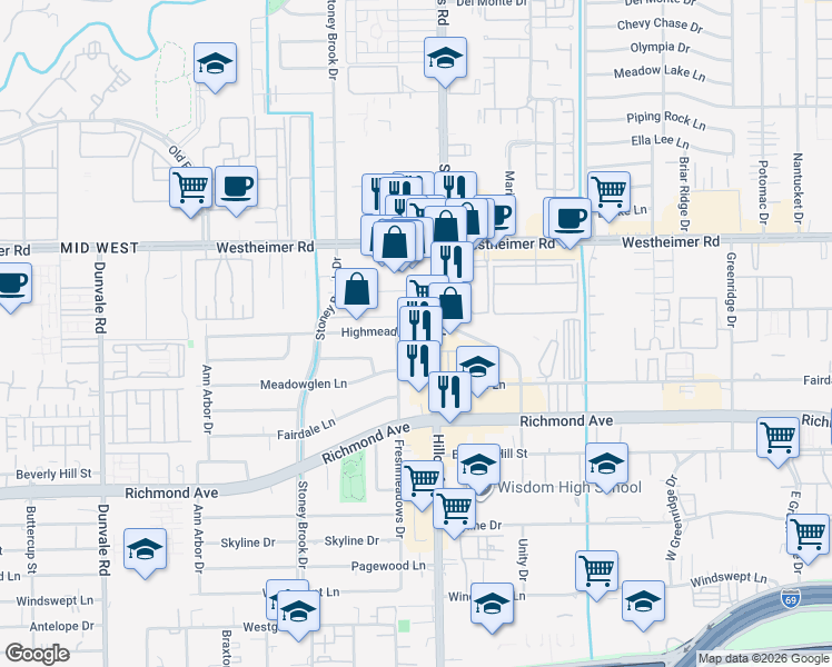 map of restaurants, bars, coffee shops, grocery stores, and more near 7541 Highmeadow Drive in Houston