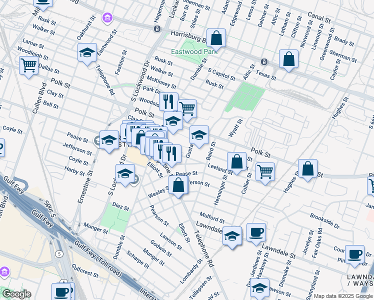 map of restaurants, bars, coffee shops, grocery stores, and more near 1402 Gustav Street in Houston