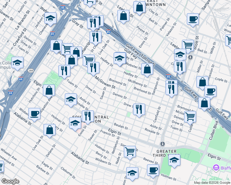 map of restaurants, bars, coffee shops, grocery stores, and more near 3033 Dennis Street in Houston