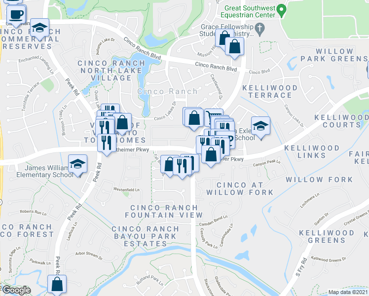 map of restaurants, bars, coffee shops, grocery stores, and more near 22404 Westheimer Parkway in Katy