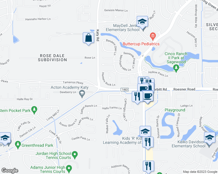 map of restaurants, bars, coffee shops, grocery stores, and more near 27827 Hunters Rock Lane in Katy
