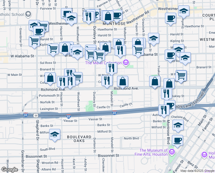 map of restaurants, bars, coffee shops, grocery stores, and more near 1620 Richmond Avenue in Houston