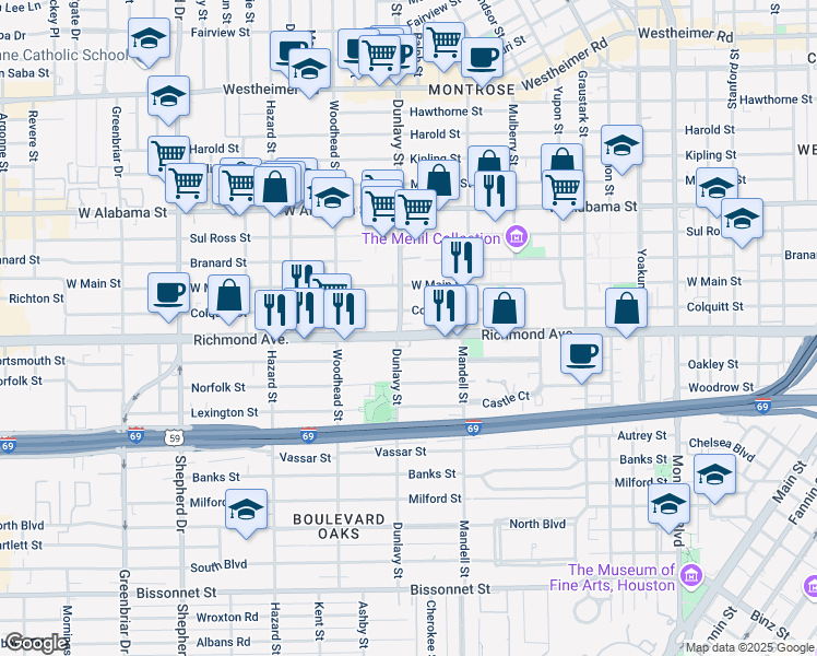 map of restaurants, bars, coffee shops, grocery stores, and more near 1650 Richmond Avenue in Houston