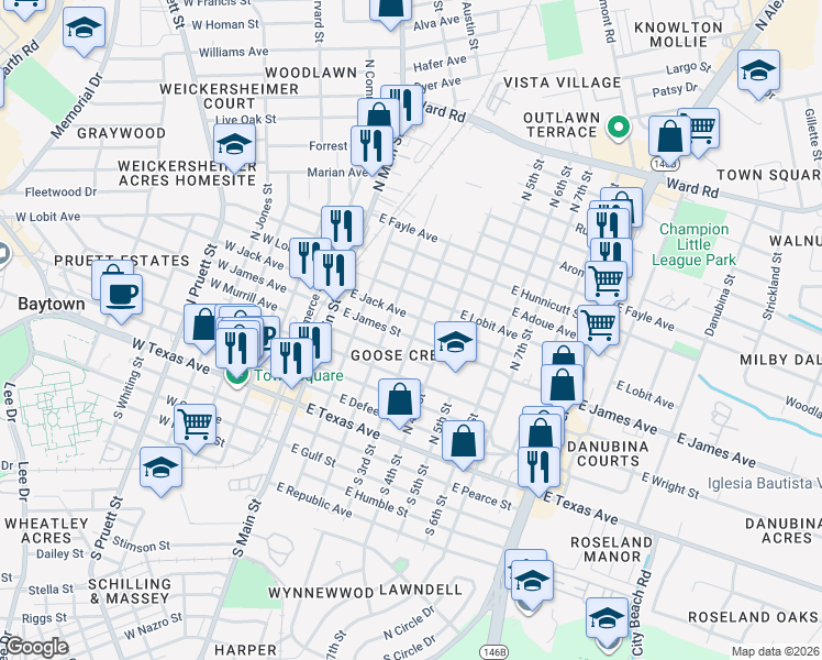 map of restaurants, bars, coffee shops, grocery stores, and more near 222 East James Street in Baytown