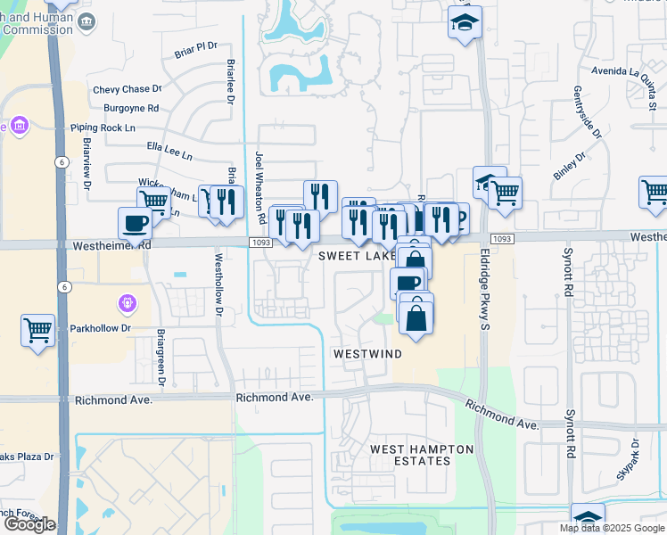 map of restaurants, bars, coffee shops, grocery stores, and more near 13626 Sunswept Way in Houston