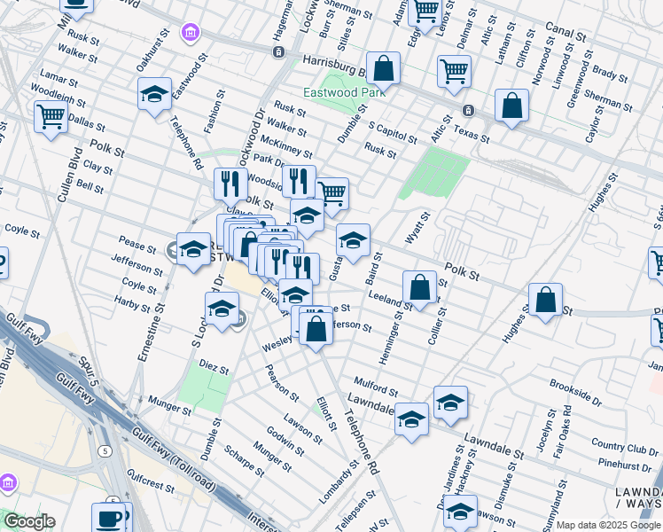 map of restaurants, bars, coffee shops, grocery stores, and more near 1402 Gustav Street in Houston
