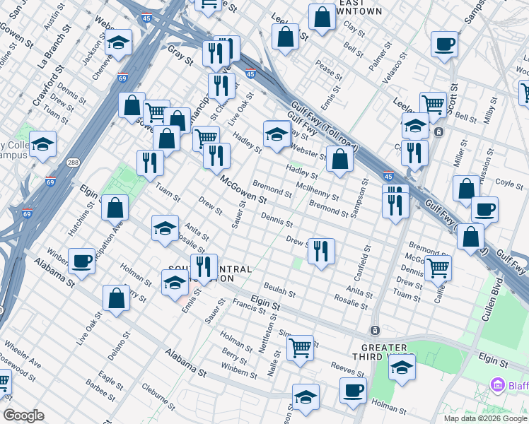 map of restaurants, bars, coffee shops, grocery stores, and more near 3033 Dennis Street in Houston