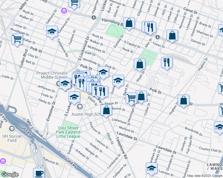 map of restaurants, bars, coffee shops, grocery stores, and more near 1402 Gustav Street in Houston