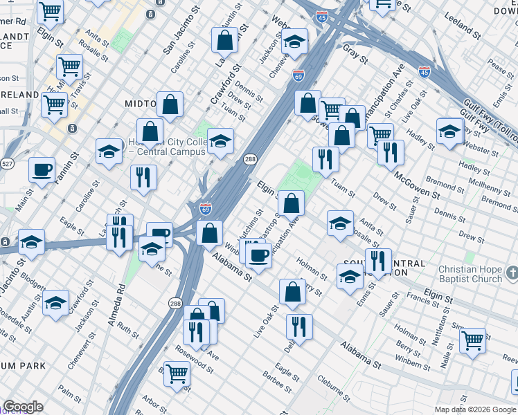map of restaurants, bars, coffee shops, grocery stores, and more near 2206 Stuart Street in Houston