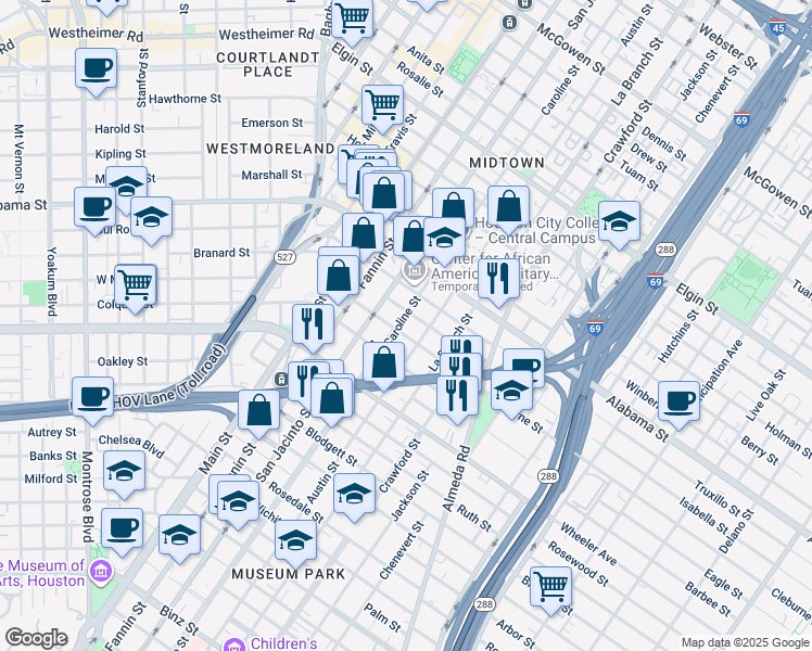 map of restaurants, bars, coffee shops, grocery stores, and more near 4102 Caroline Street in Houston