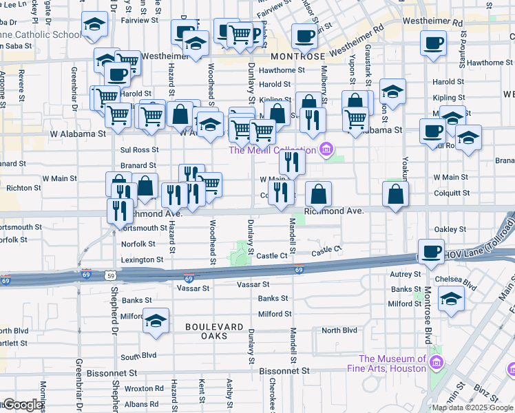 map of restaurants, bars, coffee shops, grocery stores, and more near 1650 Richmond Avenue in Houston