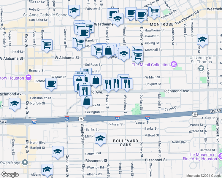 map of restaurants, bars, coffee shops, grocery stores, and more near 1836 Richmond Avenue in Houston
