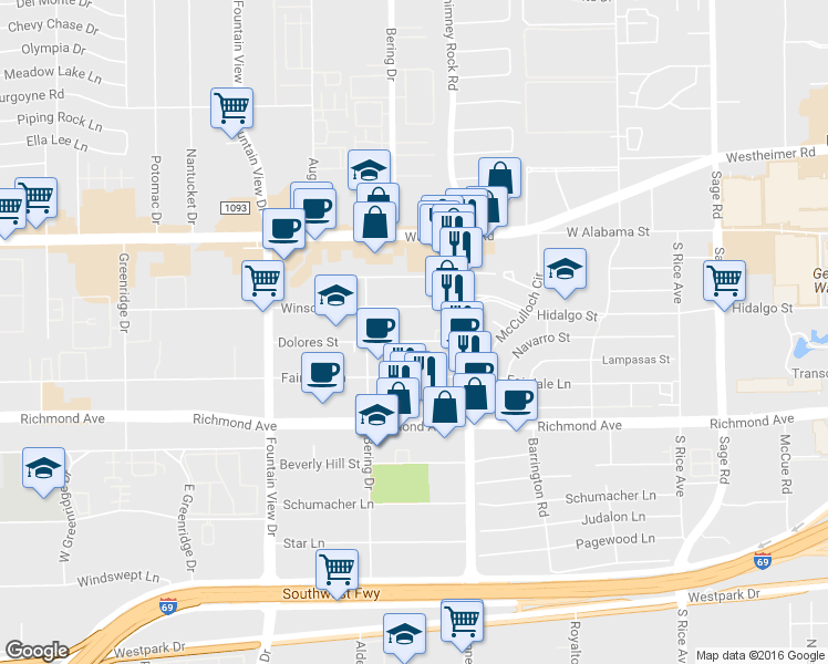 map of restaurants, bars, coffee shops, grocery stores, and more near 5606 Dolores Street in Houston