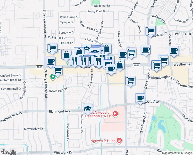 map of restaurants, bars, coffee shops, grocery stores, and more near 2833 Shadowbriar Drive in Houston