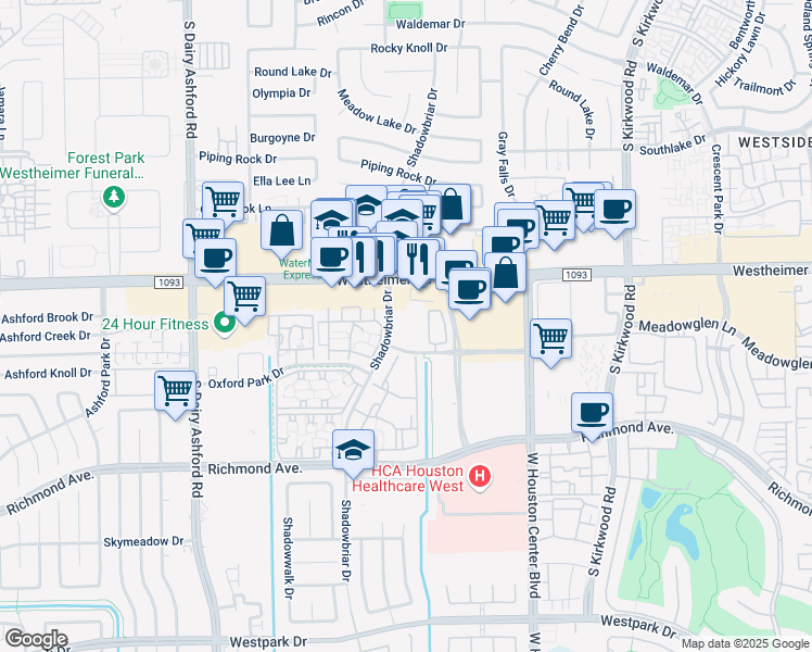 map of restaurants, bars, coffee shops, grocery stores, and more near 2833 Shadowbriar Drive in Houston