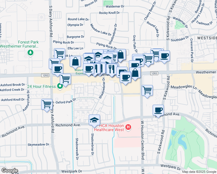 map of restaurants, bars, coffee shops, grocery stores, and more near 2835 Shadowbriar Drive in Houston