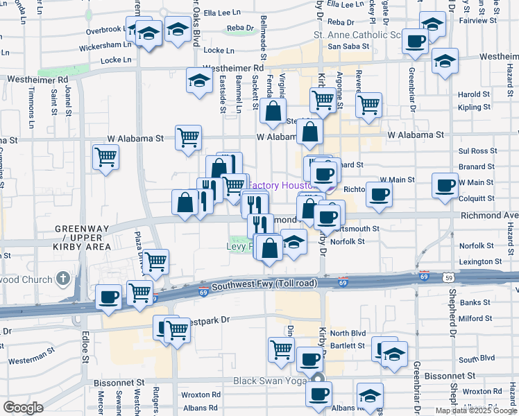 map of restaurants, bars, coffee shops, grocery stores, and more near 2900 Richmond Avenue in Houston