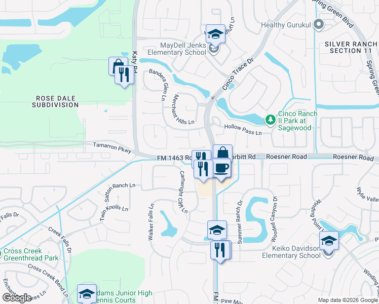 map of restaurants, bars, coffee shops, grocery stores, and more near 27703 Dalton Bluff Court in Katy