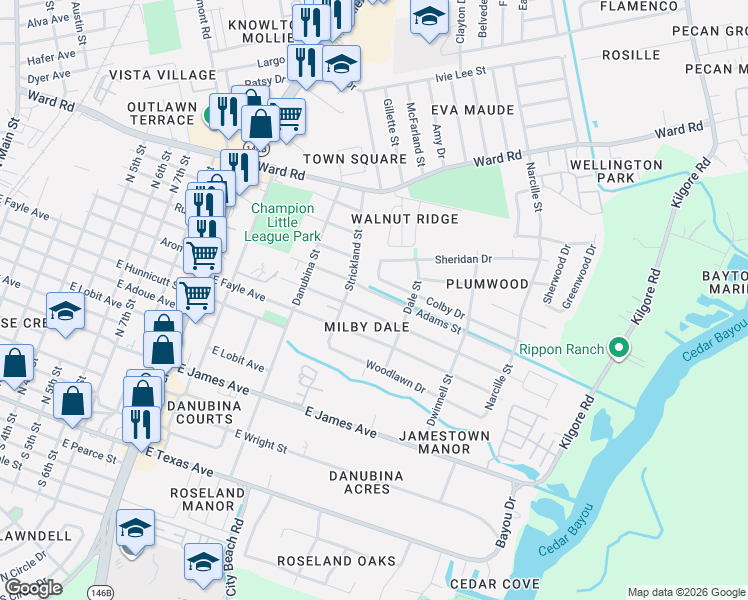 map of restaurants, bars, coffee shops, grocery stores, and more near 1507 Adams Street in Baytown