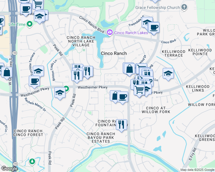 map of restaurants, bars, coffee shops, grocery stores, and more near 22405 Westheimer Parkway in Katy