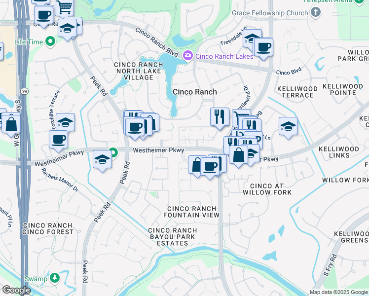 map of restaurants, bars, coffee shops, grocery stores, and more near 22401 Westheimer Parkway in Katy