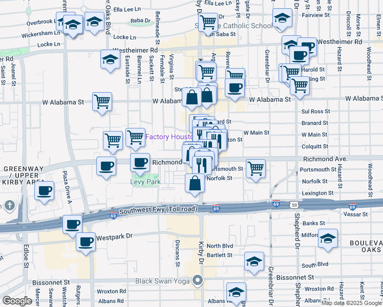 map of restaurants, bars, coffee shops, grocery stores, and more near 2635 Colquitt Street in Houston