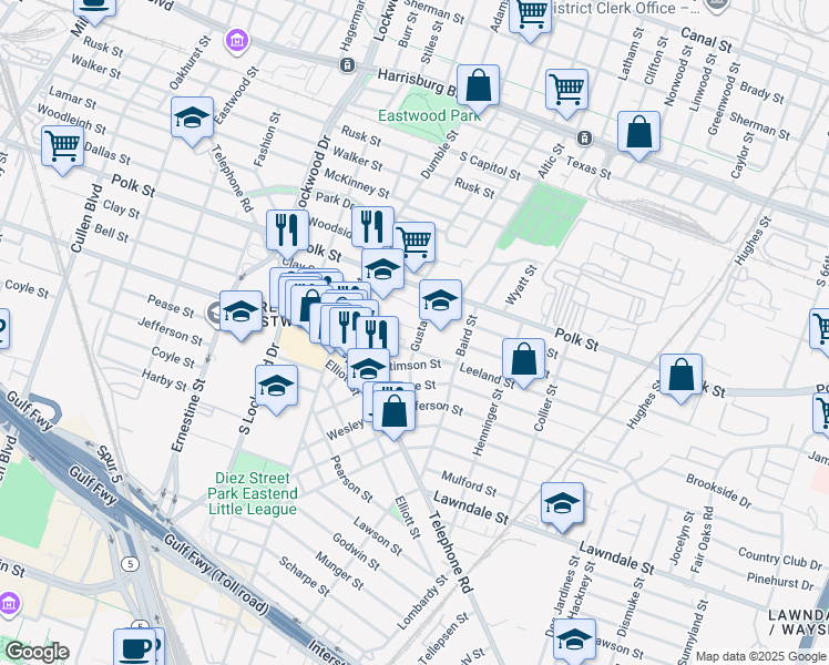 map of restaurants, bars, coffee shops, grocery stores, and more near 1402 Gustav Street in Houston