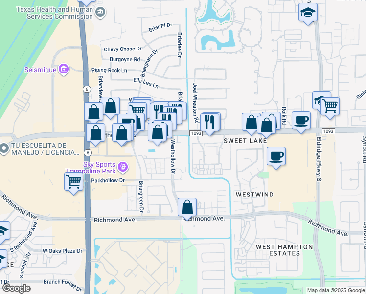 map of restaurants, bars, coffee shops, grocery stores, and more near 2525 Westhollow Drive in Houston