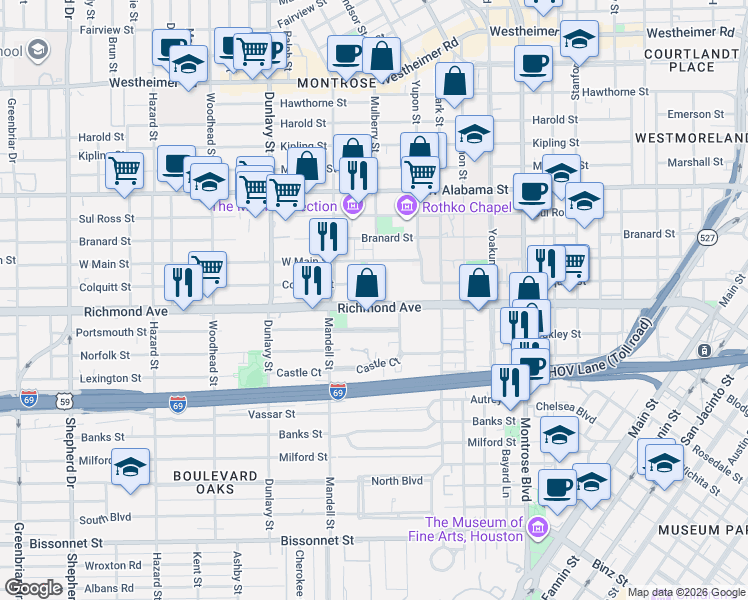 map of restaurants, bars, coffee shops, grocery stores, and more near 212 Richmond Avenue in Houston