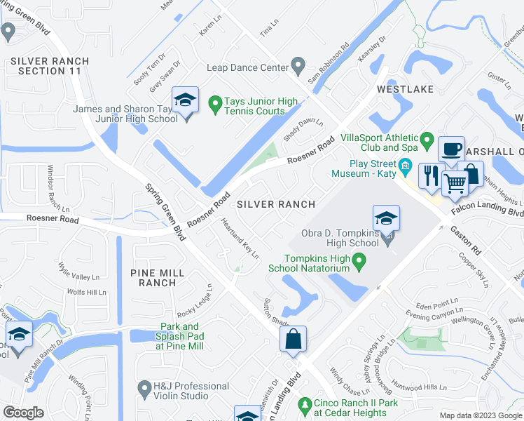 map of restaurants, bars, coffee shops, grocery stores, and more near 26214 Grace Hills Lane in Katy