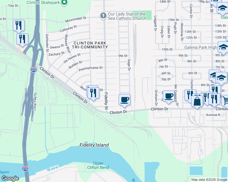 map of restaurants, bars, coffee shops, grocery stores, and more near 416 Rhode Island Street in Houston
