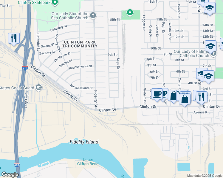 map of restaurants, bars, coffee shops, grocery stores, and more near 2513 3rd Street in Galena Park