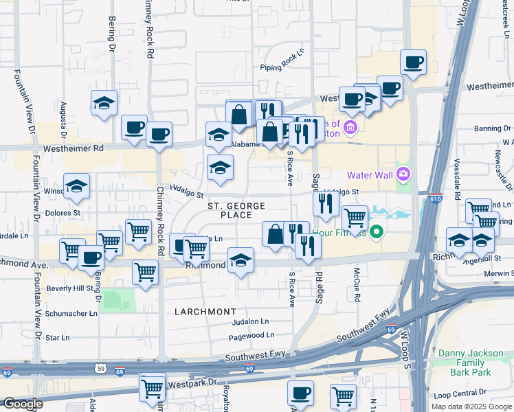 map of restaurants, bars, coffee shops, grocery stores, and more near 5342 Navarro St in Houston