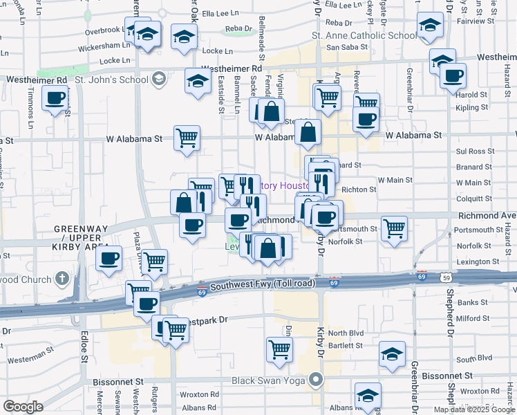 map of restaurants, bars, coffee shops, grocery stores, and more near 2900 Richmond Avenue in Houston