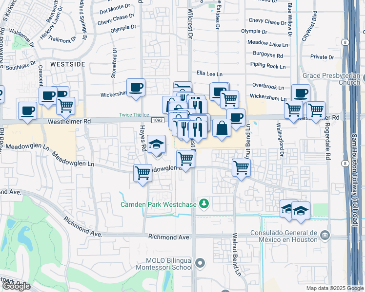 map of restaurants, bars, coffee shops, grocery stores, and more near 11145 Westheimer Road in Houston