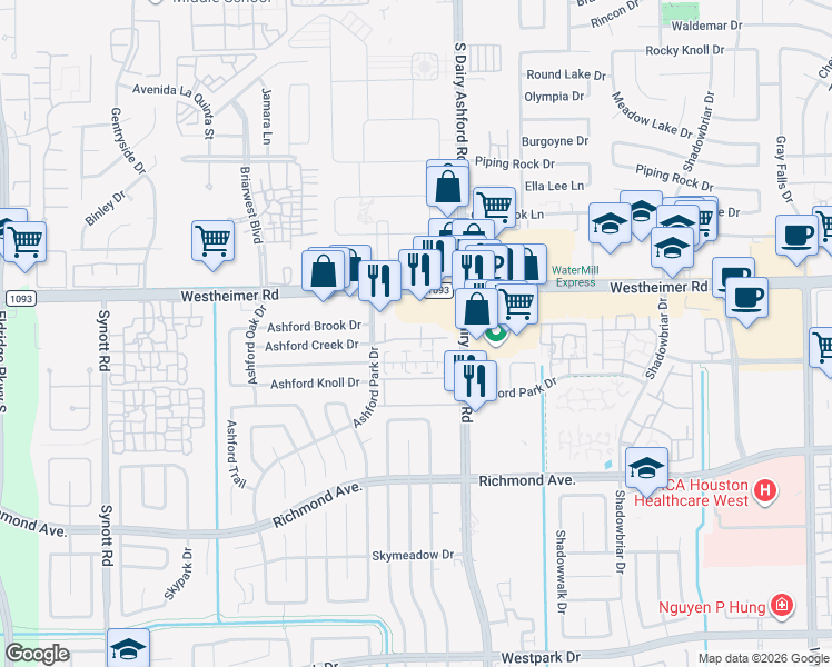 map of restaurants, bars, coffee shops, grocery stores, and more near 2700 South Dairy Ashford Road in Houston