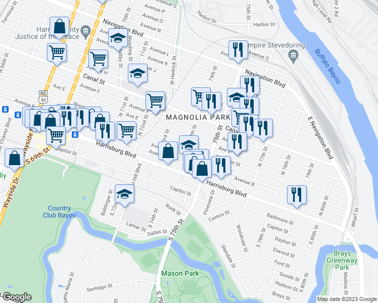 map of restaurants, bars, coffee shops, grocery stores, and more near 7410 Sherman Street in Houston