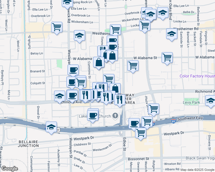 map of restaurants, bars, coffee shops, grocery stores, and more near 3401 Timmons Lane in Houston